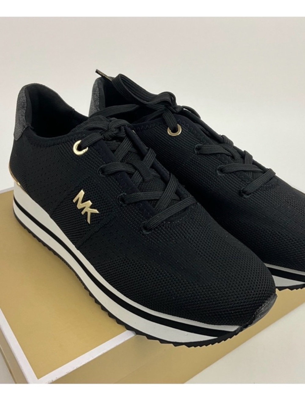 NWB Michael Kors Black Knit Platform Sneakers with White Stripe - Picture 6 of 8